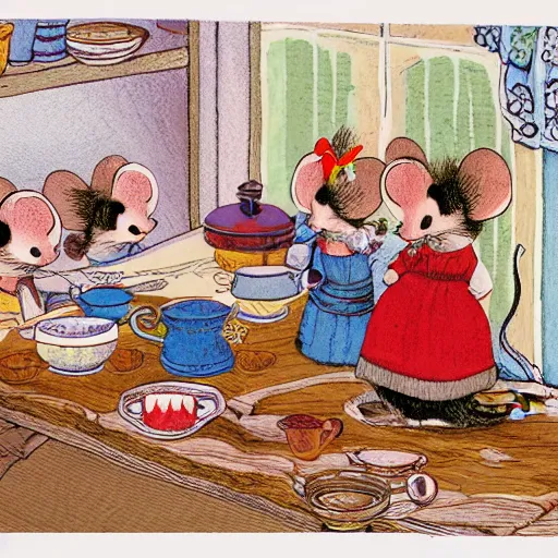 Image similar to russian mouse drinks tea from samovar with her little children, children book illustration, 9 k