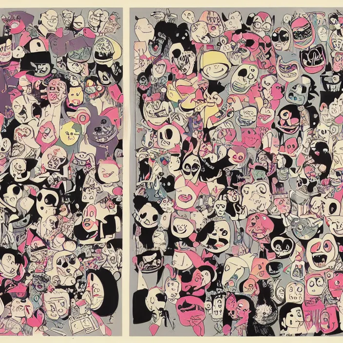 Prompt: risograph of two retro cartoon character faces by gary baseman and gavin mccarthy