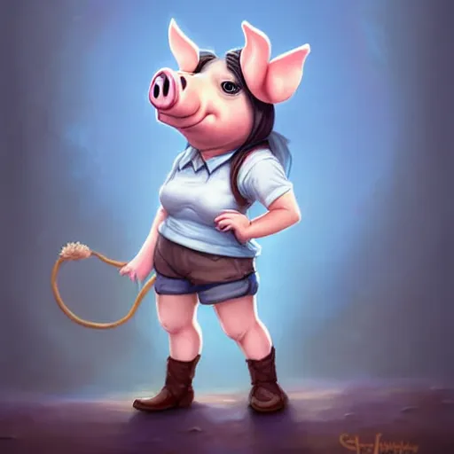 Image similar to cute little anthropomorphic funny female pig wearing shorts, a hat, boots and a pale blue shirt!! tiny!! fully clothed!!! small, short, cute and adorable, character art portrait, matte fantasy painting, deviantart artstation, by jason felix by steve argyle by tyler jacobson by peter mohrbacher, cinema