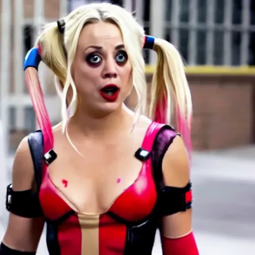 Image similar to A still of Kaley Cuoco as Harley Quinn