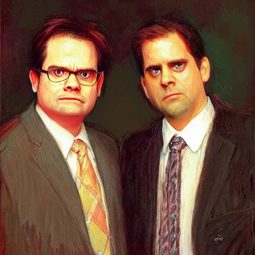 Image similar to dwight schrute and michael scott portrait by ilya repin