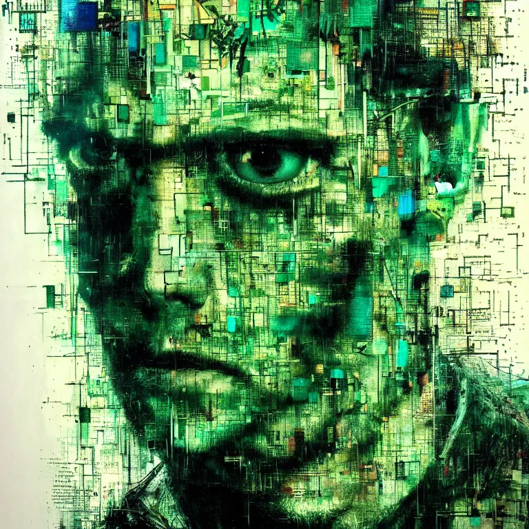 Prompt: portrait of a cyberpunk man, mysterious, glitch effects over the eyes, by Guy Denning, by Johannes Itten, by Russ Mills, glitch art, hacking effects, chromatic, cyberpunk, intricate detail, Blue and Green, color blocking, oil on canvas, concept art, abstract, trending on artstation, masterpiece