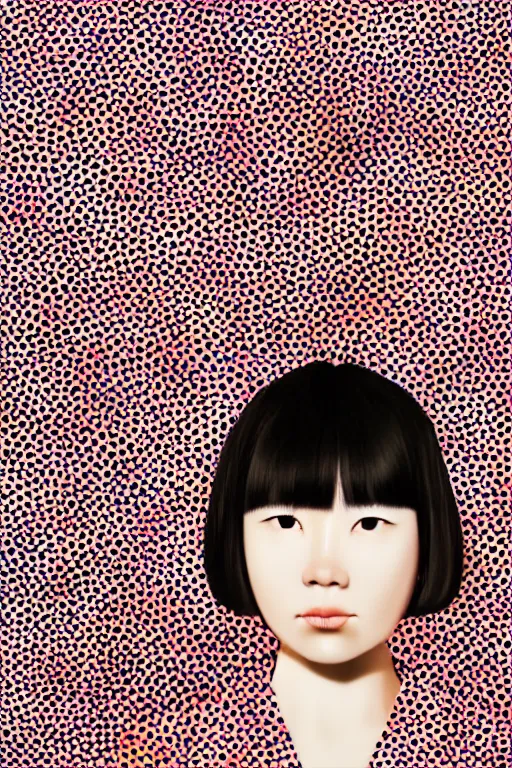 Prompt: hyper realistic painting of a japanese woman foreground by kei mieno, pattern background by yayoi kusama, highly detailed, symmetrical