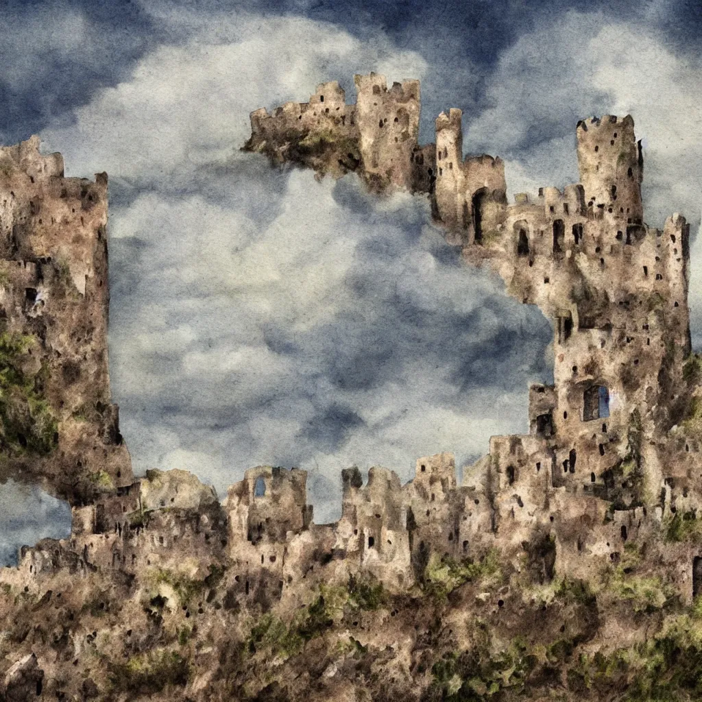 Prompt: ruins of a castle in a dry moutain with a cloudy sky, digital painting, impressinism
