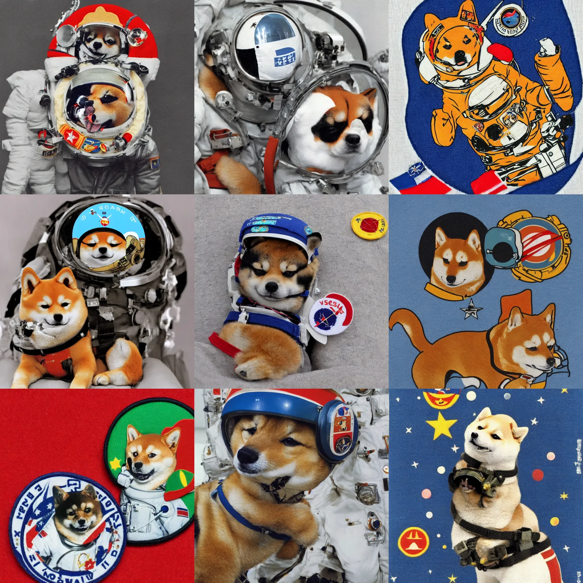 Prompt: Shiba Inu cosmonaut wearing helmet, 60s soviet space round mission patch