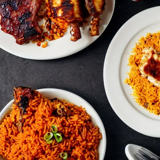 Image similar to jollof rice with fried haloumi cheese on the side, bbq ribs on the side, and lentils next to jollof