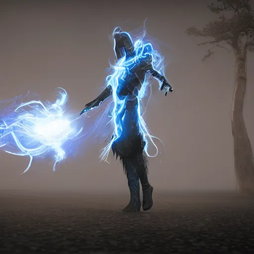 Prompt: character design, dark arcanist, blue lightning, blue mist, fog, scary, photorealistic, unreal engine