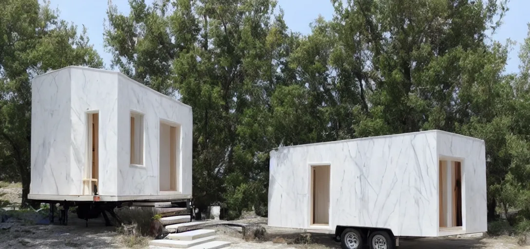 Image similar to greek tiny house on trailer that looks like the parthenon made of marble designed by iktinos and callicrates.