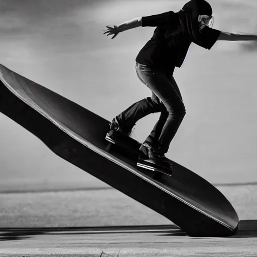 Image similar to cate blanchett skateboarding on a half pipe. photojournalism, wide angle lens, extremely detailed face, studio lighting