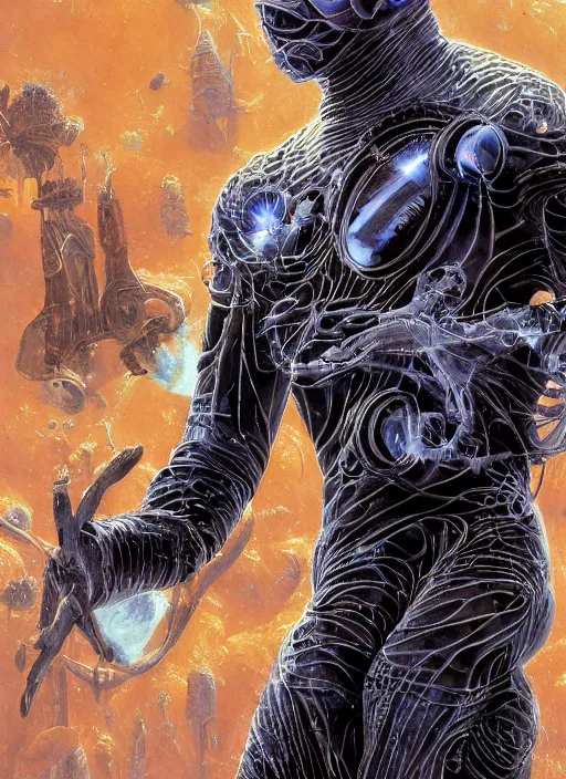 Image similar to astronaut in dark void underwater - complex and hyperdetailed technical suit design. reflection and dispersion materials. rays and dispersion of light. volumetric light. f / 3 2. noise film photo. flash photography. ultra realistic, 5 0 mm. poster by wayne barlowe, hajime sorayama aaron horkey, craig mullins