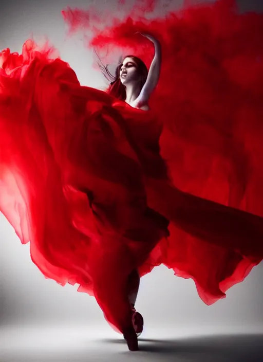 Image similar to a Photorealistic dramatic hyperrealistic render of a glamorous beautiful Female smoke dancer wearing red by Ken Brower and Deborah Ory of NYC Dance project,Lois Greenfield,Flowing cloth and smoke,Beautiful dynamic dramatic dark moody lighting,volumetric,shadows,cinematic atmosphere,Octane render,8K