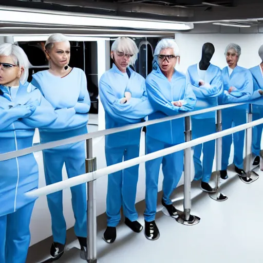 Image similar to group of identical athletic humans with light blue neoprene suits and white hair standing in a line on a conveyor belt, background of advanced futuristic laboratory, sci - fi, highly detailed, hyperrealistic