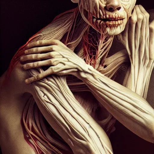 Image similar to female human, skin crackles, arteries and bones and veins and nerves and muscles visible, beautiful detailed intricate insanely detailed octane render, 8K artistic photography, photorealistic, chiaroscuro, by David Cronenberg, Raphael, Caravaggio