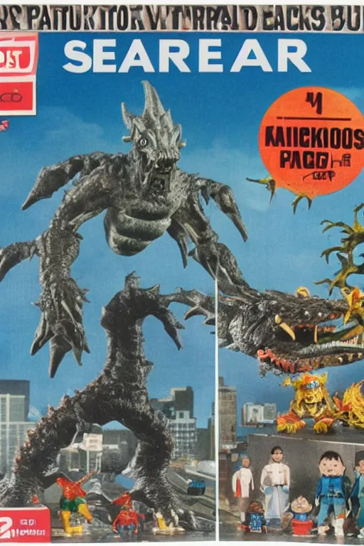 Image similar to sears wishbook page, kaiju action figures, playsets, 1980s