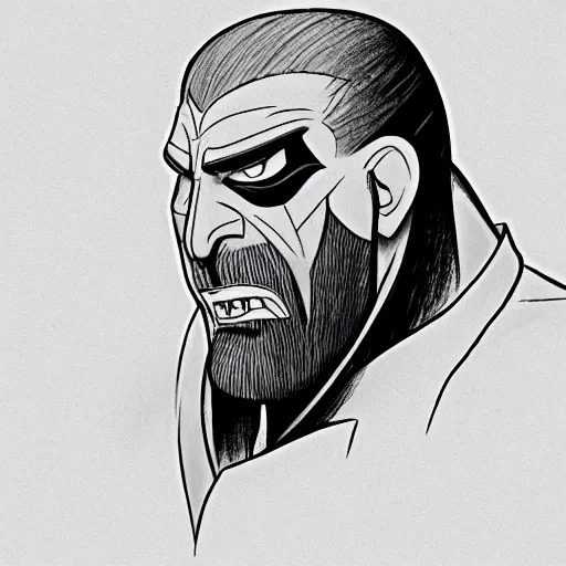 Prompt: Head-to-shoulder shot of Triple H as a Disney villain, Disney, Triple H, wrestling, WWE, Disney style, 2d, drawn image, beautifully drawn, Disney 2d animation still, digital 2D animation, traditional animation, Disney style, Disney animation, Deviantart, very coherent symmetrical artwork, heroic look, artstation, villain, brightly colored