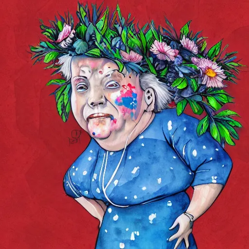 Image similar to of a very funny graffiti style watercolor painting of a sweet fat old woman is in love with her self. flowery dress. symmetrical face, red mouth, blue eyes. a flowery dress. deep focus, lovely scene. a very funny and sweet picture. unreal engine. pencil and ink. goya painting style.