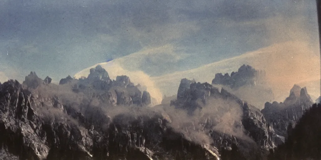 Prompt: 1 9 2 0 s color spirit photography 1 1 1 1 1 1 of alpine sunrise in the dolomites, smoke from mountains, by william hope, dark, eerie, grainy