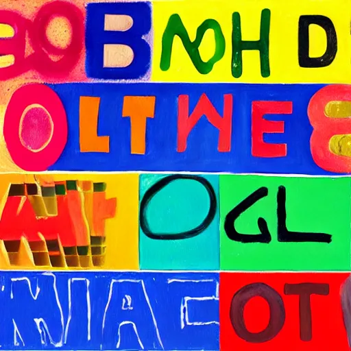 Prompt: a colorful painting of words and letters, by Mel Bochner, oil paint, abstract, Concrete poetry, colorful, Highly Detailed