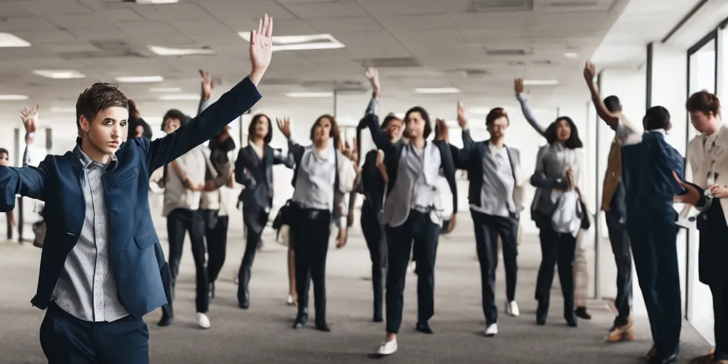 Prompt: dramatic and emotional photo of a young man waving goodbye emotionally to a sorrowful large group of his coworkers in office, 25mm, f8, in colors