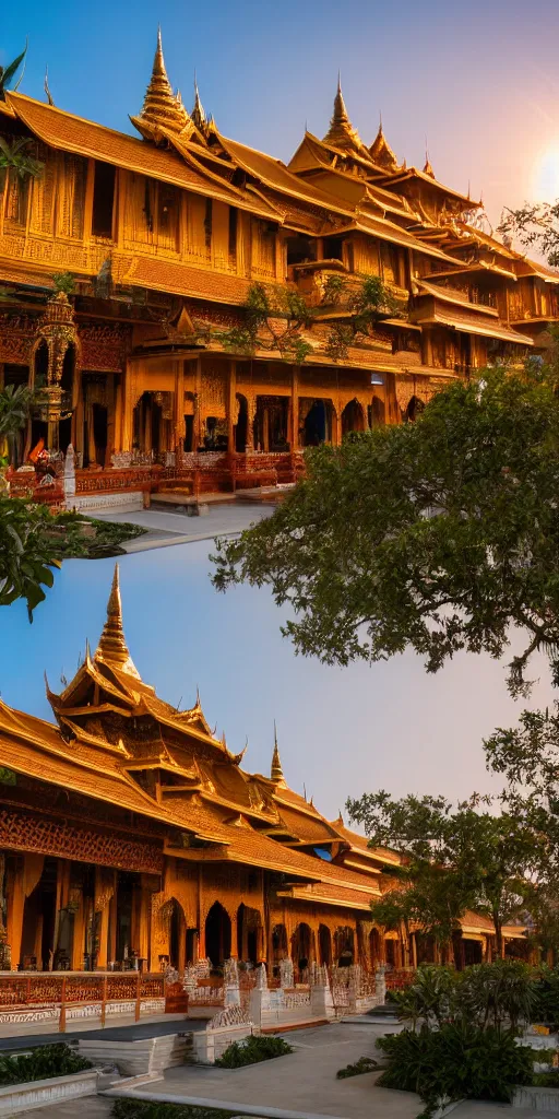 Image similar to beautiful!!!! environmental! shot photograph of the mandalay palace in the golden hour, Ultra-wide Angle, DSLR, cinematic lighting, 4k, award-winning