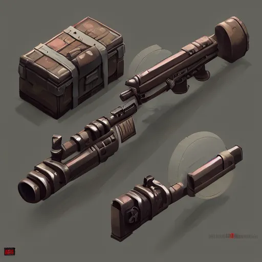 Image similar to isometric heavy dieselpunk grenade launcher | | dark matte background, stylized weapon icons, digital painting, by greg rutkowsky, trending on artstation