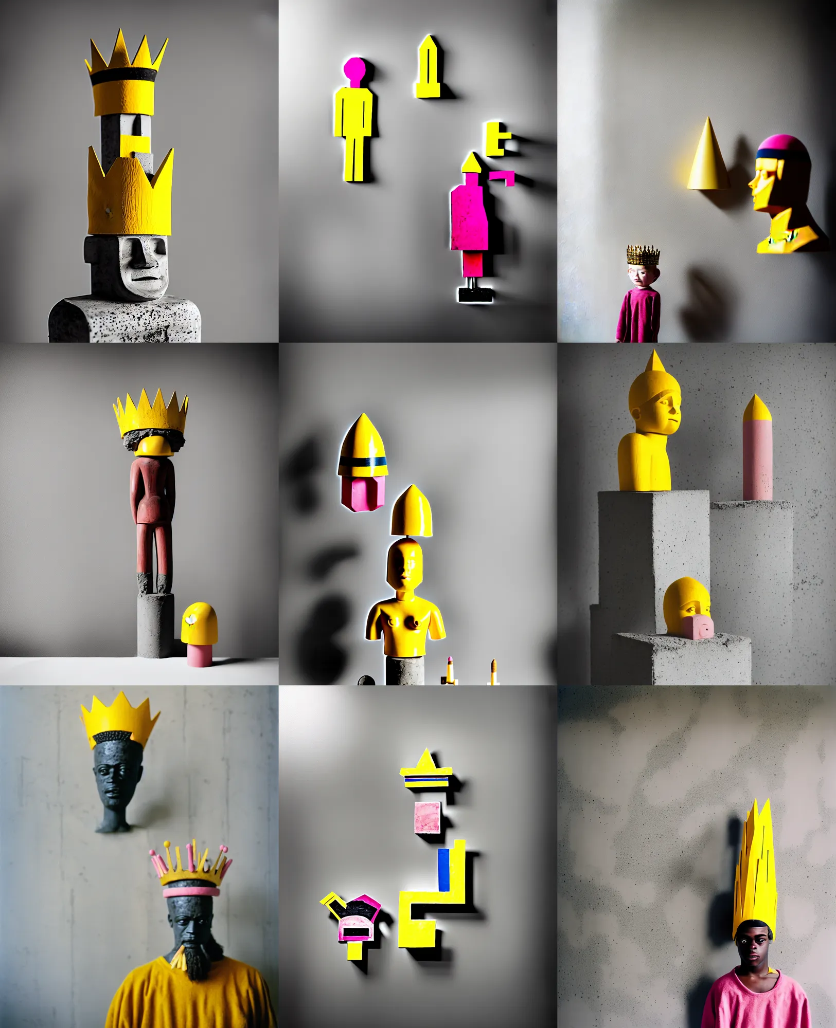 Image similar to kodak portra 4 0 0, 8 k, shot of a highly detailed, britt marling style, colour still - life portrait of a large minimalistic room, rough concrete walls, the wooden statue of a yellow black striped little man with pink crown on his head