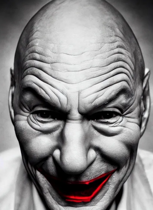 Prompt: photo of Patrick Stewart as the Joker by Lee Jeffries, horror, big smile, detailed, award winning, Sony a7R, trending on artstation