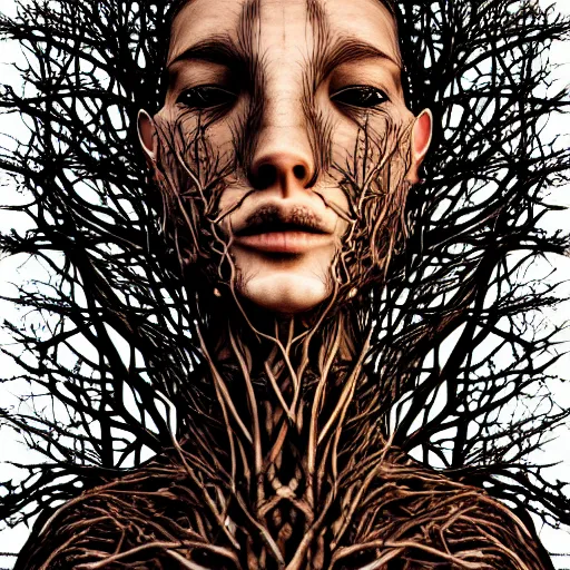 Image similar to digital art, Abstract art, portrait of humain female body made of roots, intricate roots, trending on artstation, -640