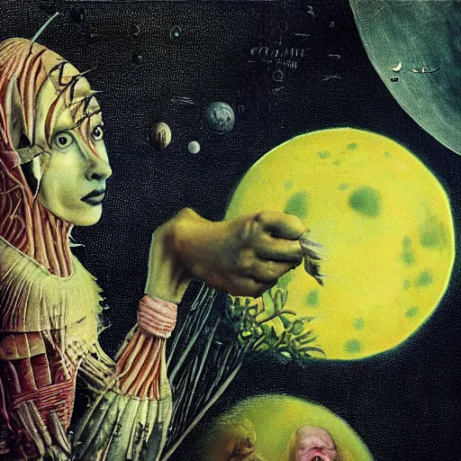 Image similar to realistic bizzare beautiful portrait of alien moon queen of an unknown cibilizational planet in style of hieronymus bosch anne stoke ingo swan style sharp focus 8 k eating a flower