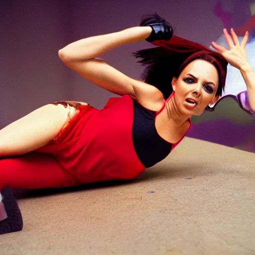 Prompt: promotional action photo of the pop star clumsy spice, a little - known member of the spice girls slipping and falling, 1 9 9 6. voigtlander super nokton 5 0 mm f / 2. 0, ekta, ektachrome 1 0 0, studio lighting.