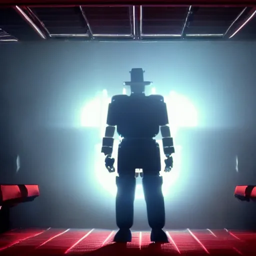 Image similar to movie still of robot bruno mars, cinematic composition, cinematic light, criterion collection, by edgar wright