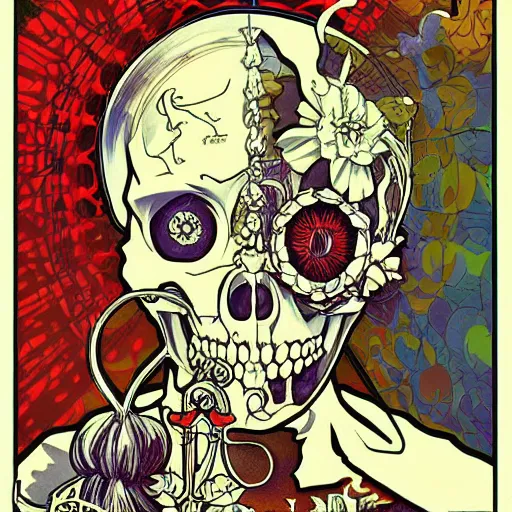 Image similar to anime manga skull portrait face skeleton illustration style by Alphonse Mucha and Hockney comicbook pop art nouveau