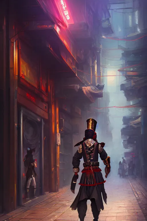 Prompt: a turkish janissary standing on a cyberpunk street, full body, extremely detailed digital painting, in the style of fenghua zhong and ruan jia and jeremy lipking and peter mohrbacher, mystical colors, rim light, beautiful lighting, 8 k, stunning scene, raytracing, octane, trending on artstation