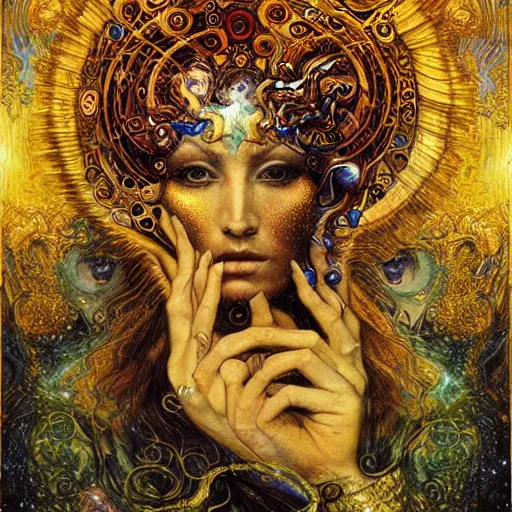 Image similar to Divine Chaos Engine by Karol Bak, Jean Deville, Gustav Klimt, and Vincent Van Gogh, beautiful visionary mystical portrait, sacred, otherworldly, fractal structures, ornate gilded medieval icon, third eye, spirals