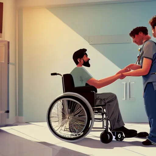 Image similar to a male patient in a wheelchair in the hospital with his wife and son standing by. happy, cheerful, intricate, sharp focus, artstation, cinematic, 8 k, award winning