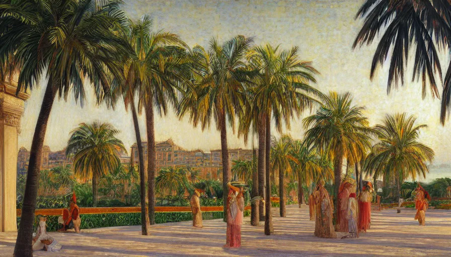 Image similar to a ultradetailed beautiful painting of the amazonas palace balustrade designed by jules bastien - lepage, tarsila do amaral, frank weston and gustave baumann, beach, trending on artstation, mediterranean, palm trees, sharp focus, colorful refracted sparkles and lines, soft light, 8 k 4 k