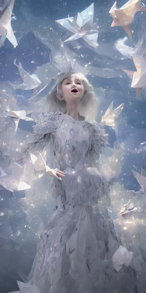 Image similar to background is a stary night sky, castle made of clouds, looking up towards an anthropomorphic space woman wearing a flowing paper couture dress with puffy leggings, paper stars, many origami birds, eery light, 3D, very detailed, octane render, trending ArtStation, artgem