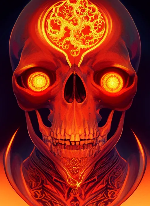 Image similar to symmetry!! portrait of skull with flaming eyes, high fantasy, intricate, elegant, highly detailed, digital painting, artstation, concept art, smooth, sharp focus, illustration, art by artgerm and greg rutkowski and alphonse mucha, 8 k