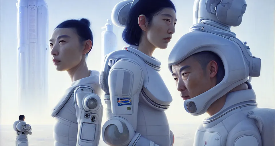 Image similar to portrait of yael shelbia and kang seul - gi, astronaut, symetrical facial, white hair, intricate design details. cyberpunk touareg, by ruan jia, weldon casey, ralph mcquarrie. smooth gradients, transparent inflatable structures.