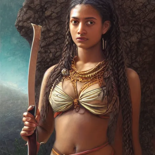 Image similar to artstation concept of a beautiful girl holding a sword in both hands, brown skin, sweaty skin, symmetrical face, casual white garment, brown canyon background, shiny colorful, hyperdetailed, artstation trending, world renowned artists, worth1000.com, historic artworks society, antique renewel, cgsociety, by greg rutkowski, by Gustave Dore, Deviantart