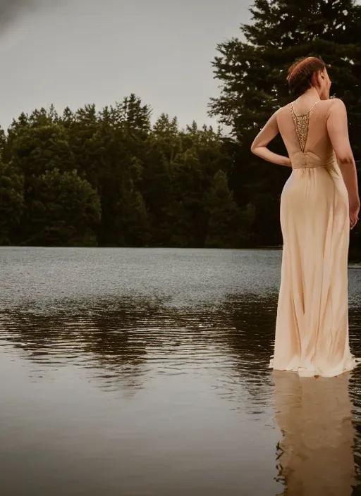 Image similar to a 2 8 mm holga photo from the back of a woman in a formal gown at the edge of a lake, splash art, movie still, bokeh, canon 5 0 mm, cinematic lighting, dramatic, film, photography, golden hour, depth of field, award - winning, anamorphic lens flare, 8 k, hyper detailed, 3 5 mm film grain