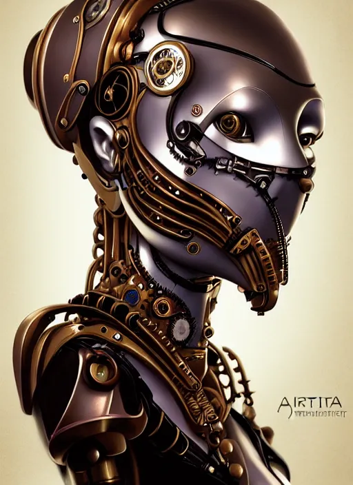 Prompt: portrait of a steampunk robot woman in 1801 by Artgerm, biomechanical, hyper detailled, trending on artstation