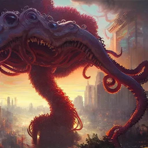 Prompt: bob ross monster with disgusting tentacles, destroying a cityscape, 8 k, highly detailed, digital painting, unreal engine tech demo, vivid colors, artstation, art by artgerm and greg rutkowski and alphonse mucha