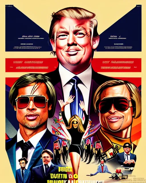 Prompt: the mogul, brad pitt portrays donald trump, vibrant movie poster, style of once upon a time in hollywood, directed by quentin tarantino, minimalist, digital art, fan art, trending on artstation
