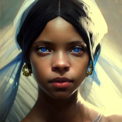 Image similar to a Photorealistic dramatic hyperrealistic bright blue eyes, African American girl, black hair, white veil,by WLOP,Artgerm,Greg Rutkowski,Alphonse Mucha, Beautiful dynamic dramatic dark moody lighting,shadows,cinematic atmosphere,Artstation,concept design art,Octane render,8k, trending on artstation