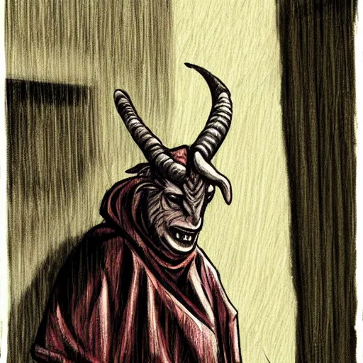 Image similar to A demonic goat man wearing a hood leaning on a wall in a dark alleyway during a rainstorm, art by Trevor Henderson