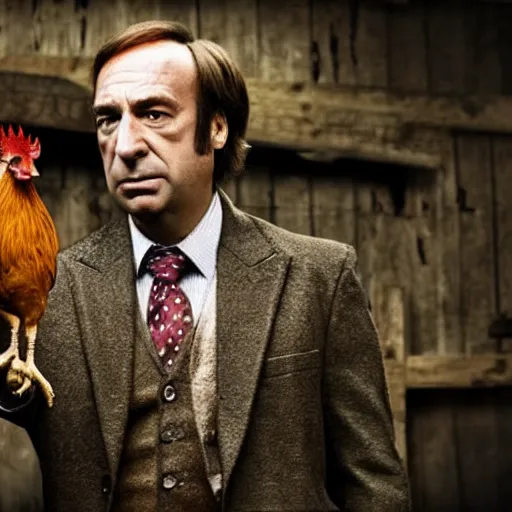 Prompt: saul goodman and a rooster in a medieval torture chamber, saw blades and knives in the background, horror movie, saul goodman!!!!!, rooster!!!!, real life photo, detailed face