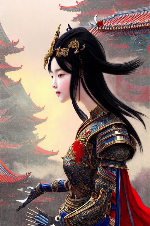 Image similar to portrait black hair young knights of Dynasty Warriors girl, metallic red mirror armor, in ruin chinese temple rooftop heavily rain sunrise, ssci-fi and fantasy, intricate and very beautiful and elegant, highly detailed, digital painting, soft light, artstation, concept art, smooth and sharp focus, illustration, art by tian zi and WLOP and alphonse mucha