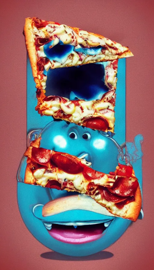 Prompt: a french slice of pizza with a toothy grin and big blue eyes, cartoonish, photorealistic, 4 k, polaroid, surreal, vaporwave