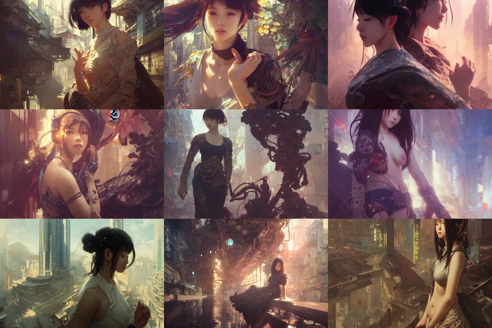 Prompt: ultra realistic beautiful kowloon techno art, beautiful alluring anime teen, gorgeous face and figure, sci - fi, intricate, elegant, highly detailed, digital painting, artstation, concept art, smooth, sharp focus, illustration, art by tian zi and yuxiang chen and alphonse mucha and greg rutkowski